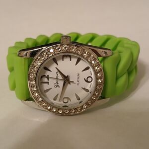 Geneva Silver Tone Bling Rhinestone Bezel Green Silicone Band Platinum Watch